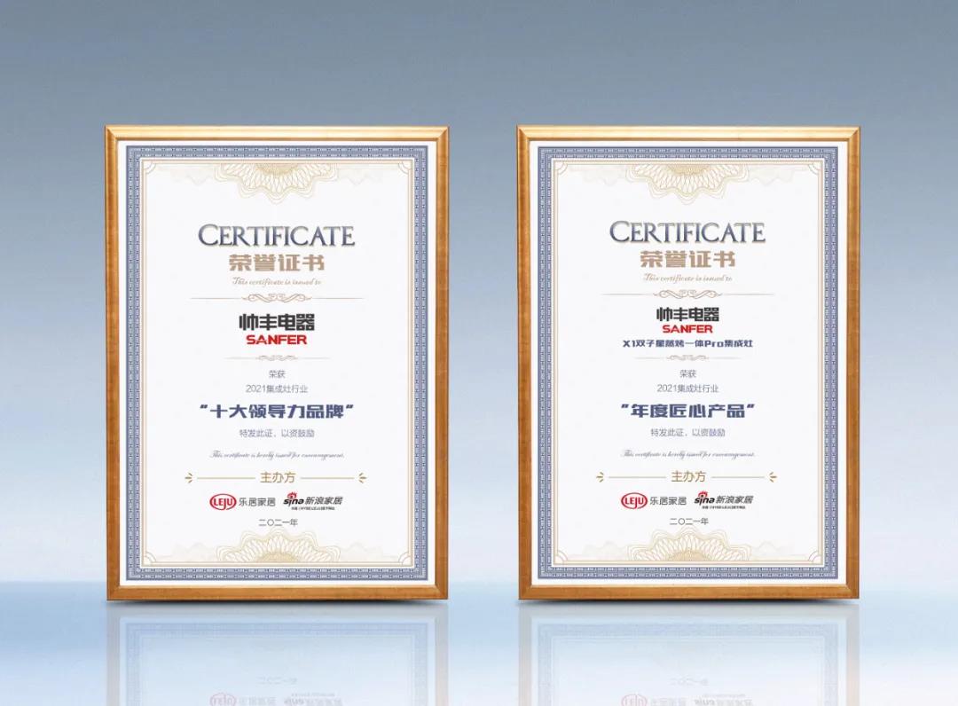 喜报!帅丰荣获新浪家居2021集成灶行业“十大领导力品牌”和“年度匠心产品”双奖殊荣