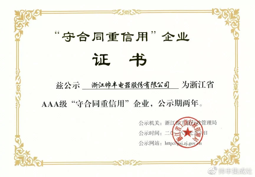 荣誉再加冕!帅丰电器荣获浙江省AAA级“守合同重信用”企业 荣誉再加冕!帅丰电器荣获浙江省AAA级“守合同重信用”企业