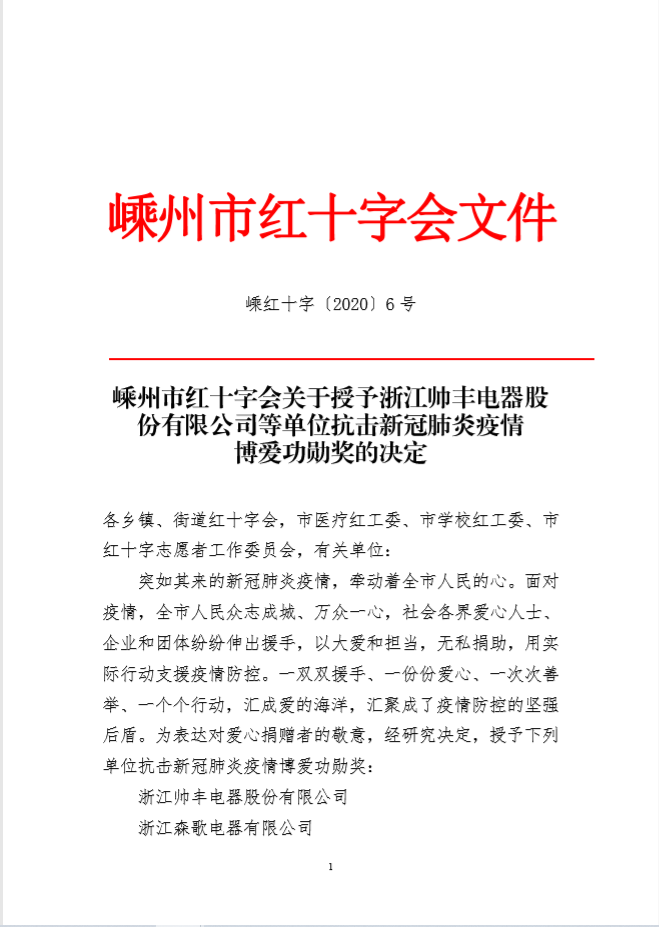 企业新闻 | 抗击疫情贡献突出,帅丰被授予博爱功勋奖 企业新闻 | 抗击疫情贡献突出,帅丰被授予博爱功勋奖