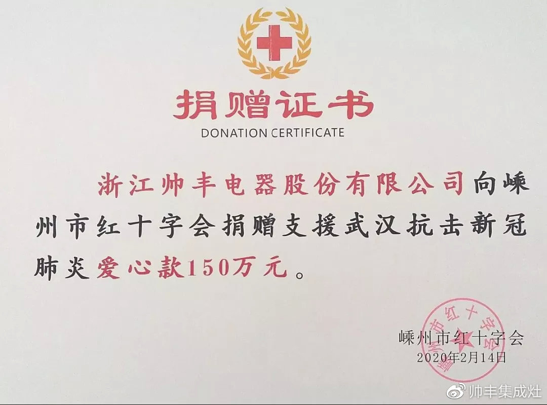 企业新闻 | 抗击疫情贡献突出,帅丰被授予博爱功勋奖 企业新闻 | 抗击疫情贡献突出,帅丰被授予博爱功勋奖