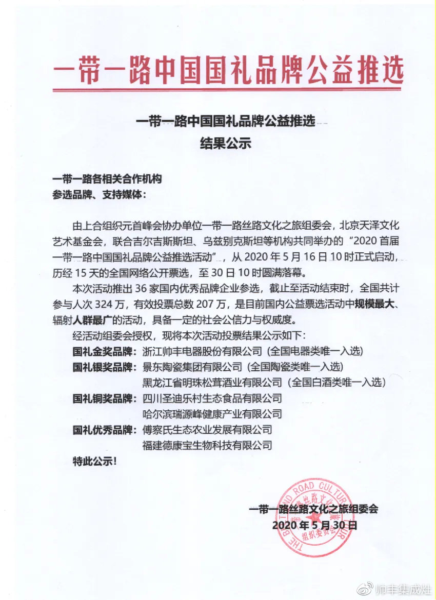 喜报 | 行业唯一!帅丰集成灶获一带一路国礼金奖品牌 喜报 | 行业唯一!帅丰集成灶获一带一路国礼金奖品牌